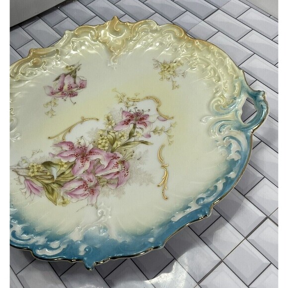 Handpainted Bavarian German Pink Lillies Porcelain Round Serving Tray 4200/55 - Picture 3 of 15